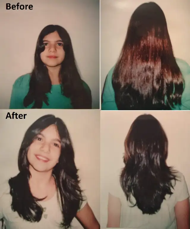 Before and after: a girl's long hair trimmed and blow-dried smooth