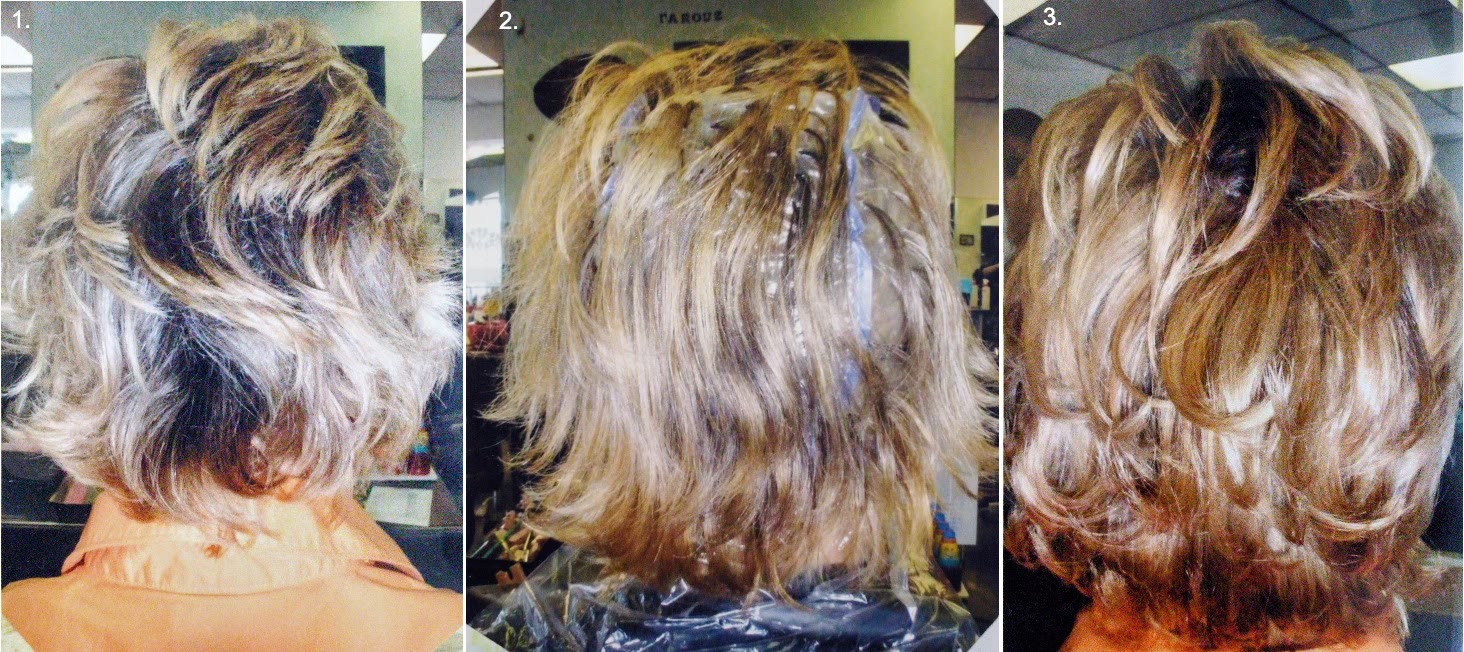 Highlighting cap technique shown in three steps, from pulling strands through the cap to the finished blonde highlights