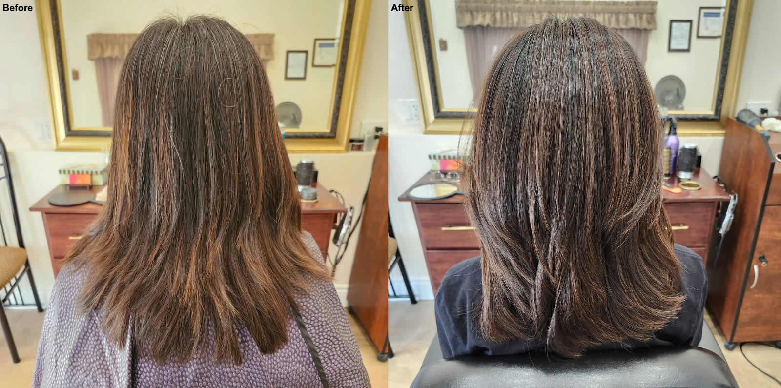 Before and after highlights done without bleach
