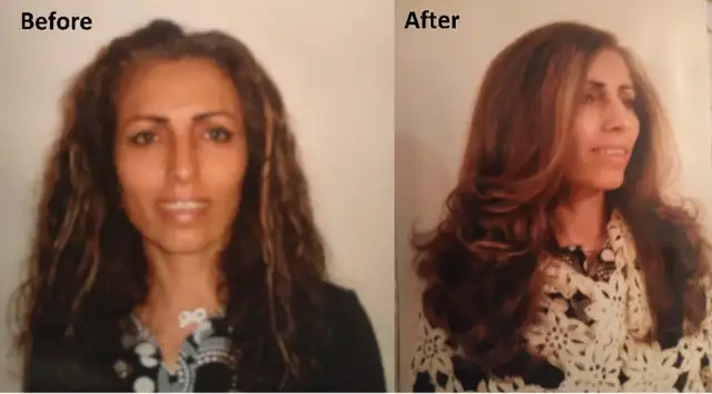 Before and after: a woman's hair cut and styled with soft volume