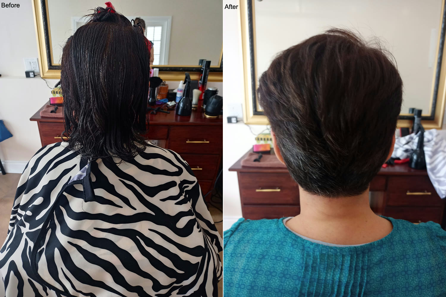 Before and after a short ladies' haircut