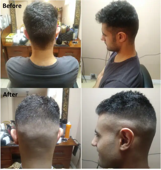 Before and after a men's cut: grown-out dark hair taken to a short textured top with a high skin fade, shown from the back and the side