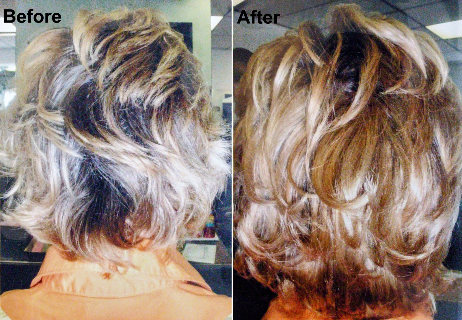 Before and after: short blonde hair recoloured and styled with soft waves