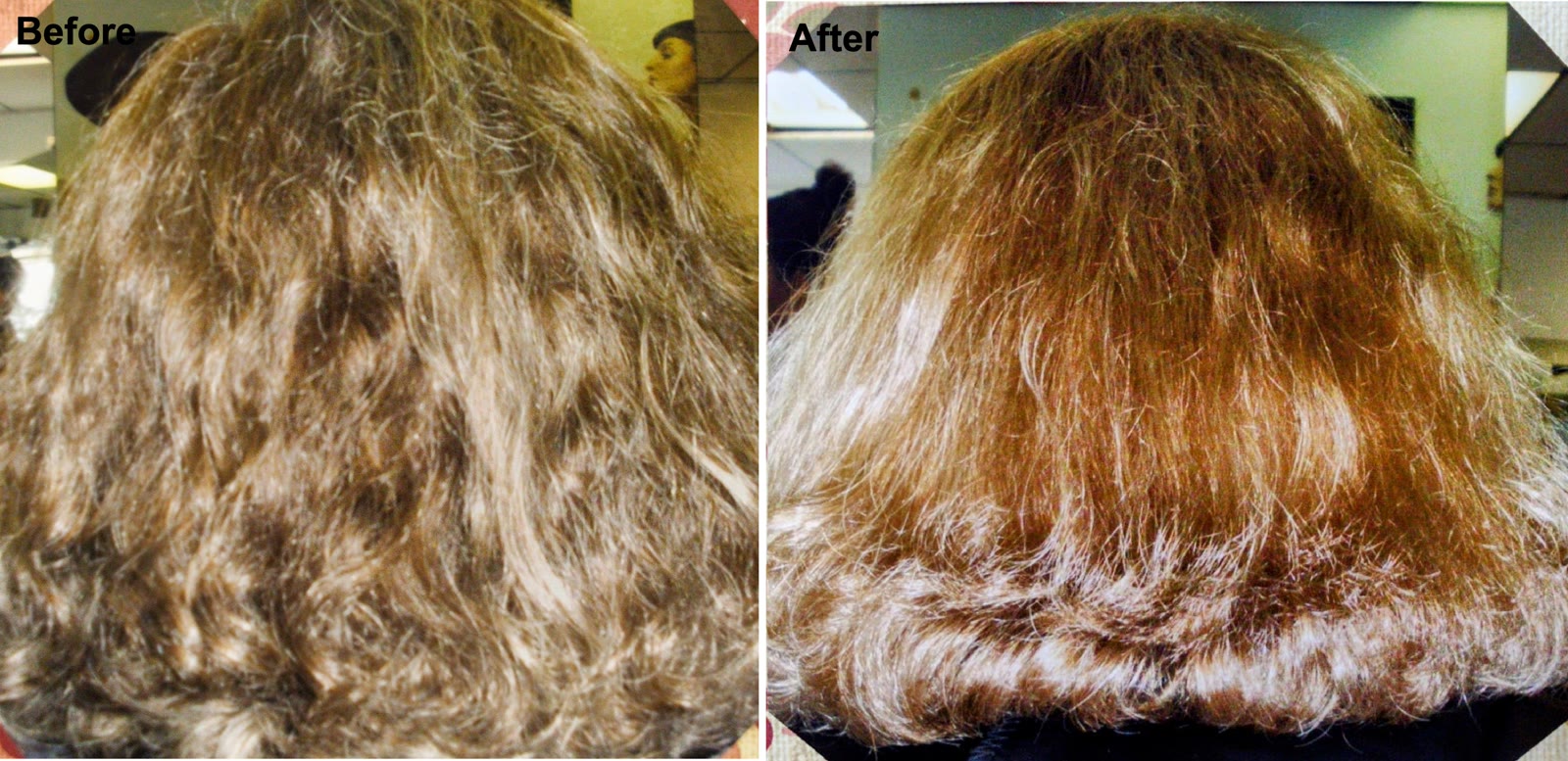 Before and after: frizzy hair smoothed into a glossy blow-out